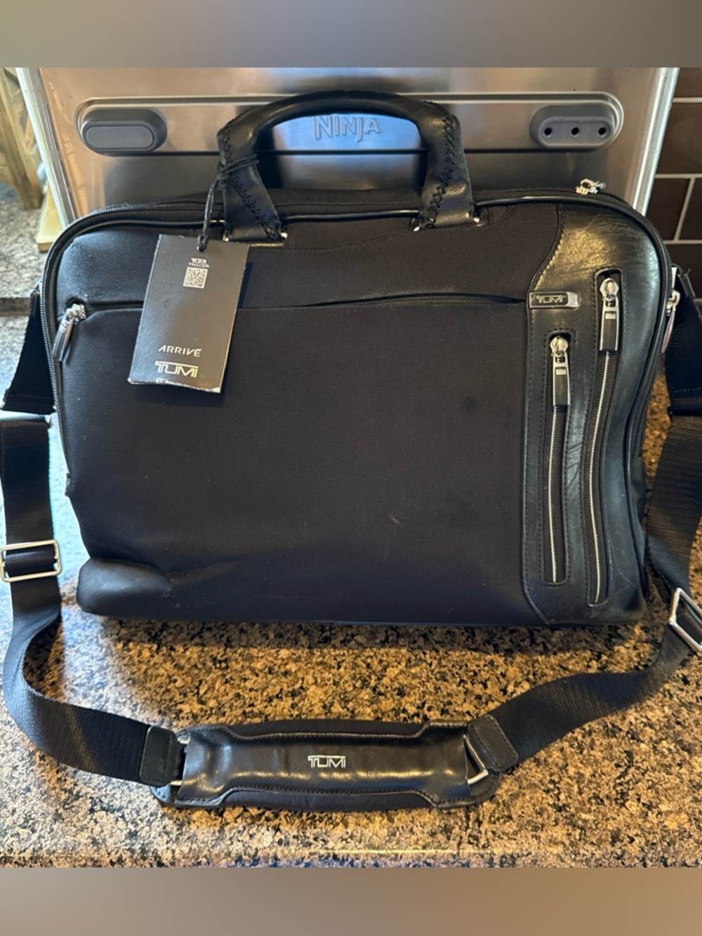 Tumi Black Arrivé Narita Slim Laptop Briefcase with Leather Trim